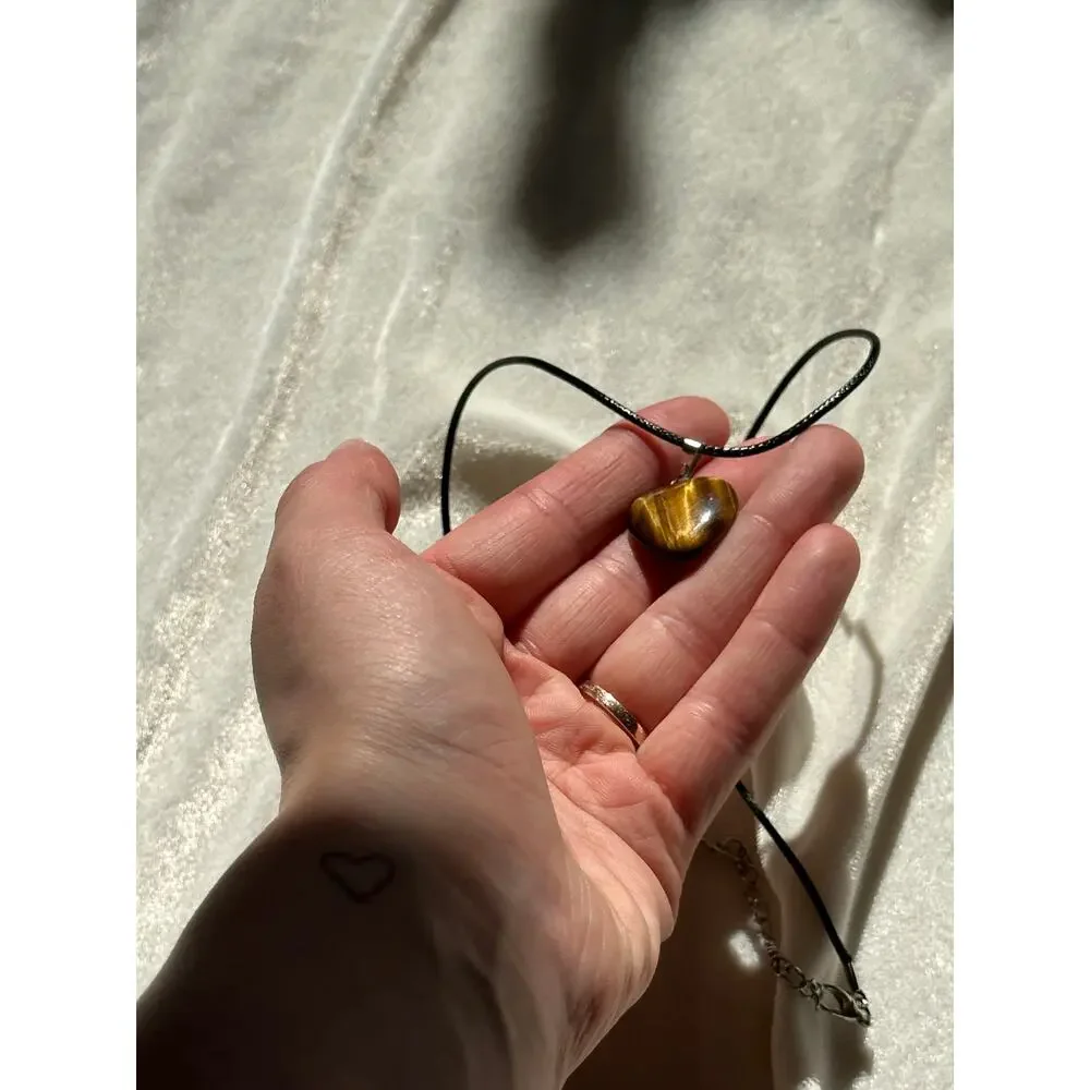 Gorgeous Tigers Eye Bubble Heart Pendant on Leather Chain Necklace